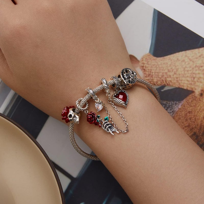 BABAMIA Store Rose Charm Heart Charms for Bracelets 925 Sterling Silver Bead Charm Fits Bracelets and Necklaces Paved with Cubic Zirconia Animal Skull Charm Dainty Halloween Charms Jewelry for Women Girls - Image 4